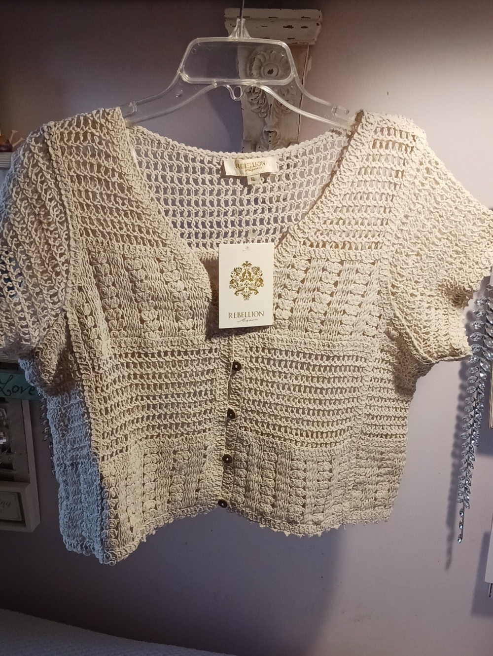 Gorgeous! Rebellion Cream Crochet Button-Front Crop Top XL
